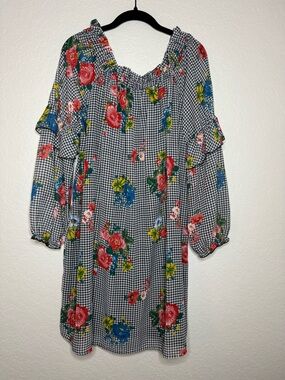 Floral Off-Shoulder Dress - Black & White with Red, Blue, Yellow Flowers
